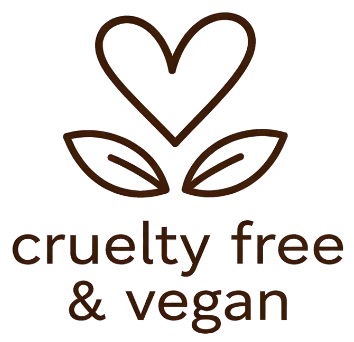 Brunt hjärta- och lövlogotyp med texten ’djurplågsfritt & veganskt’.